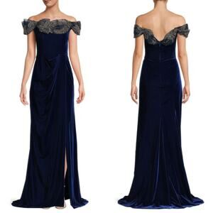 Marchesa Off The Shoulder Embellished Velvet Gown Blue Beaded Size 8 Preowned